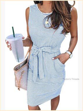 Striped Sleeveless Crew Neck Tie Waist T-Shirt Summer Dress with Pockets